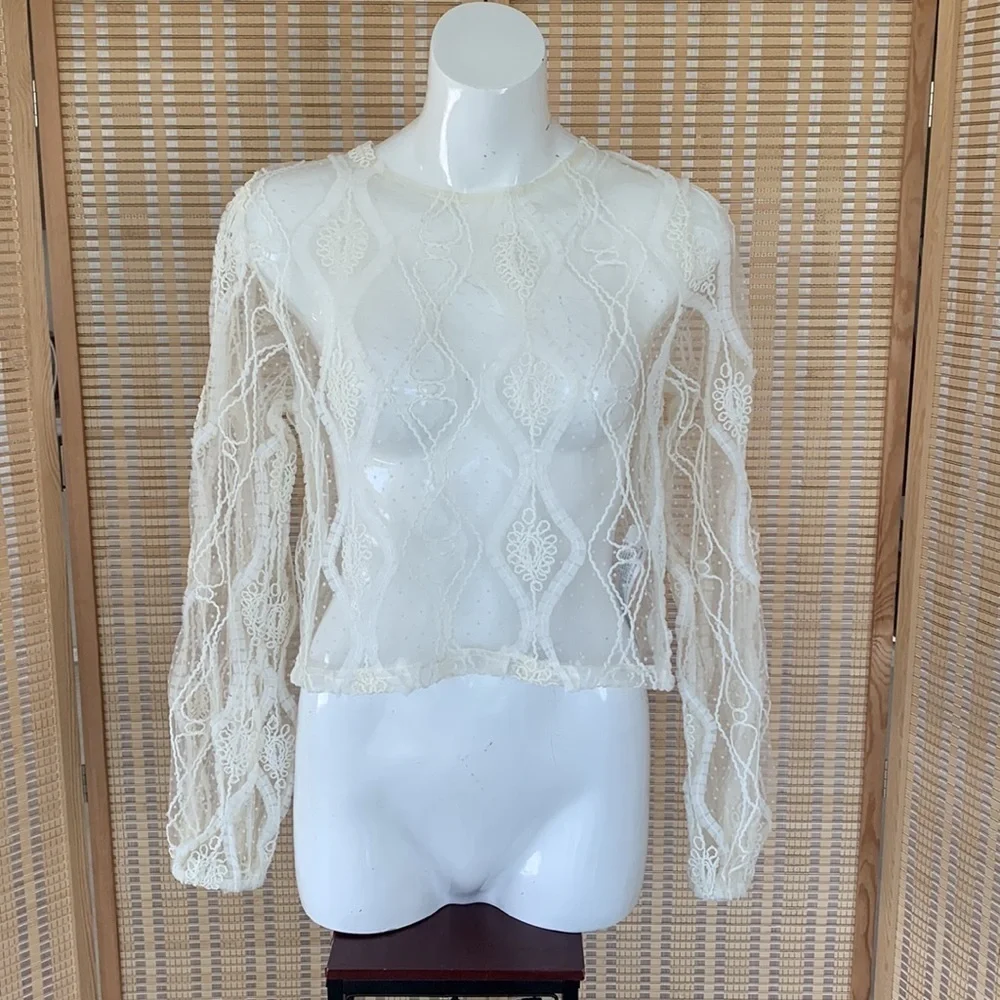 Zara white sheer lace boho long sleeve top, size Small